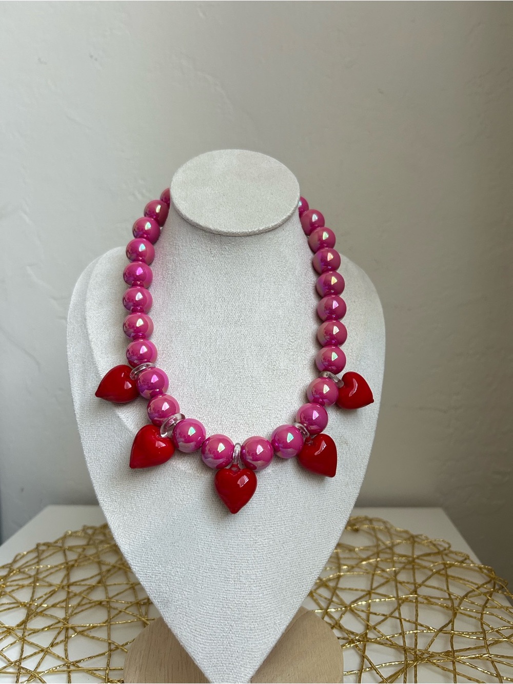 Bold Pink Bead Necklace with Red Heart Charms - Unbranded